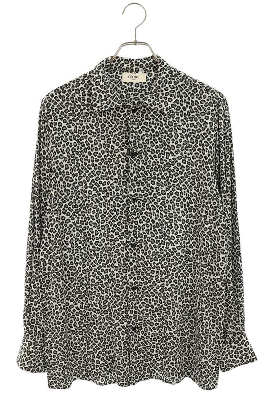 CELINE Leopard Hawaiian Rayon Long Sleeve Shirt White Multi Size XXL