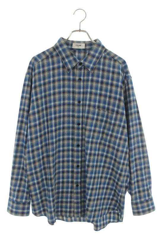 CELINE Check Loose Cotton Long Sleeve Shirt Blue Size XXL
