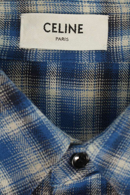 CELINE Check Loose Cotton Long Sleeve Shirt Blue Size XXL