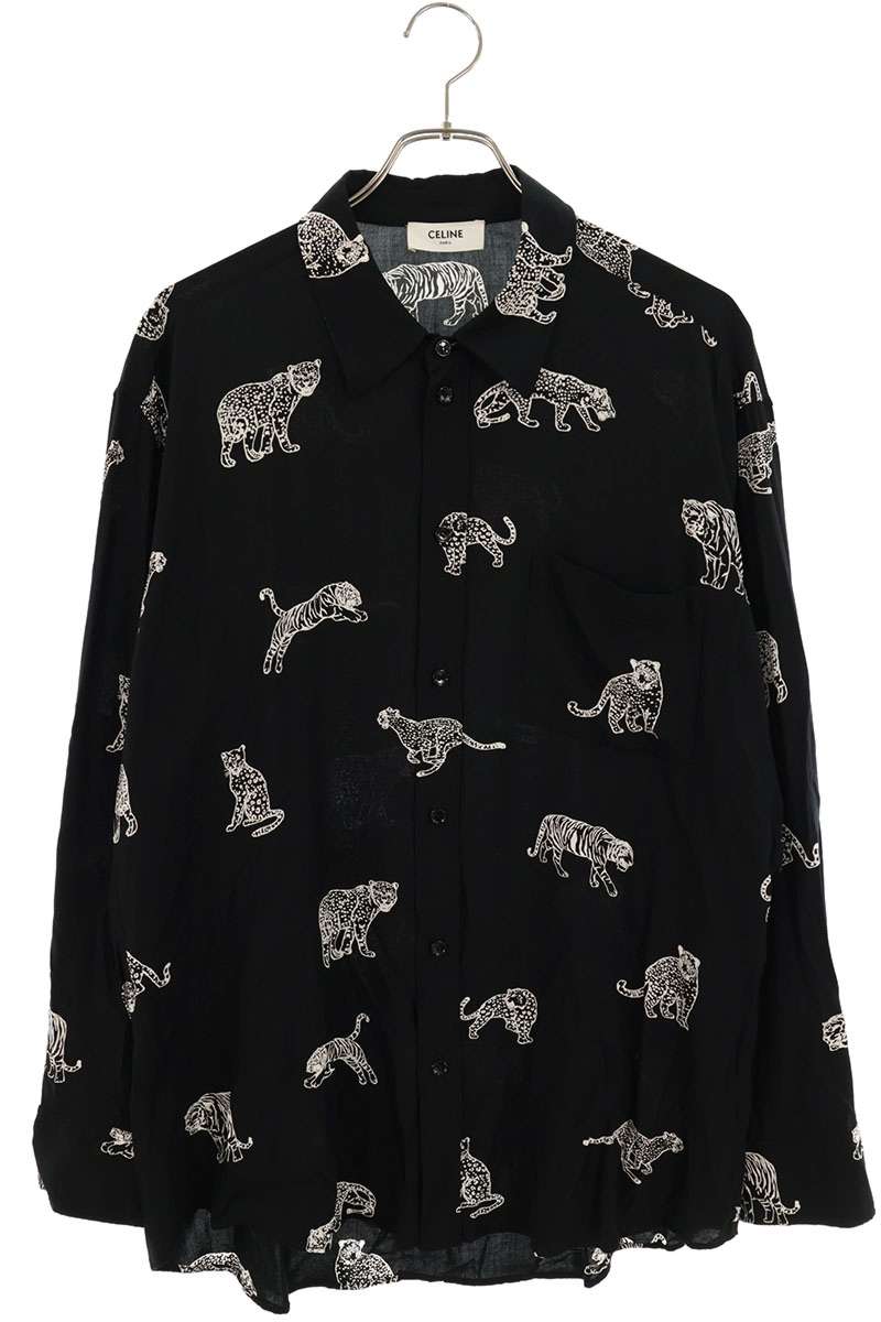 CELINE 22SS Feline Viscose Long Sleeve Shirt Black Size XXL