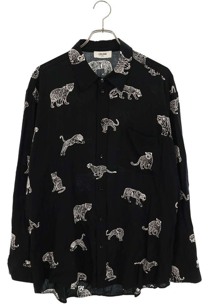 CELINE 22SS Feline Viscose Long Sleeve Shirt Black Size XXL