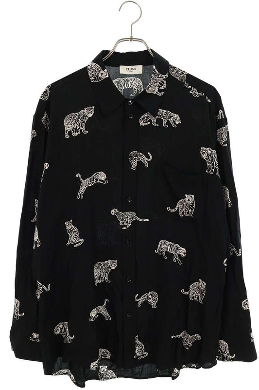 CELINE 22SS Feline Viscose Long Sleeve Shirt Black Size XXL