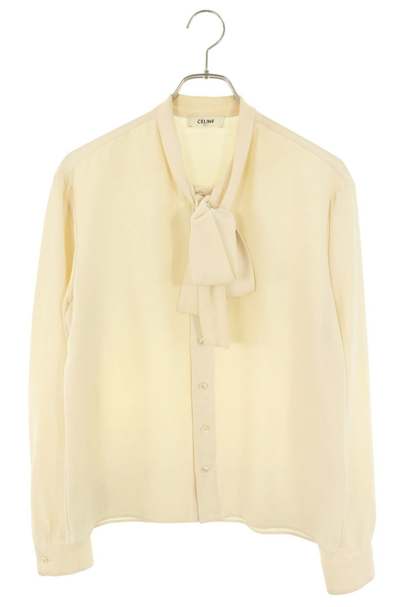 CELINE Lavallière Silk Wool Blouse Beige Size XXL