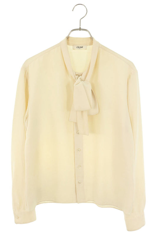 CELINE Lavallière Silk Wool Blouse Beige Size XXL
