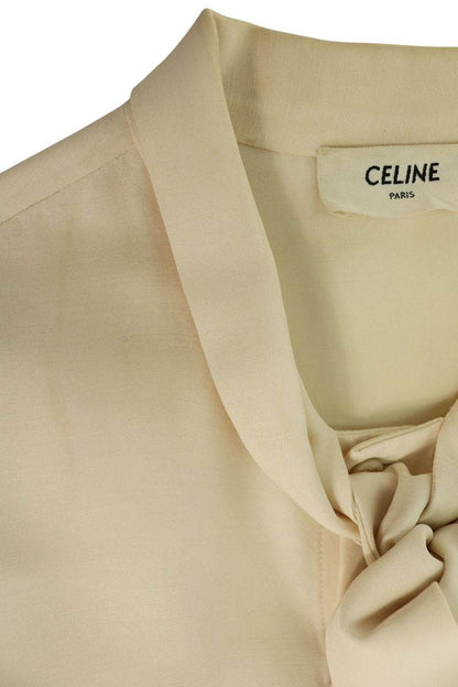 CELINE Lavallière Silk Wool Blouse Beige Size XXL