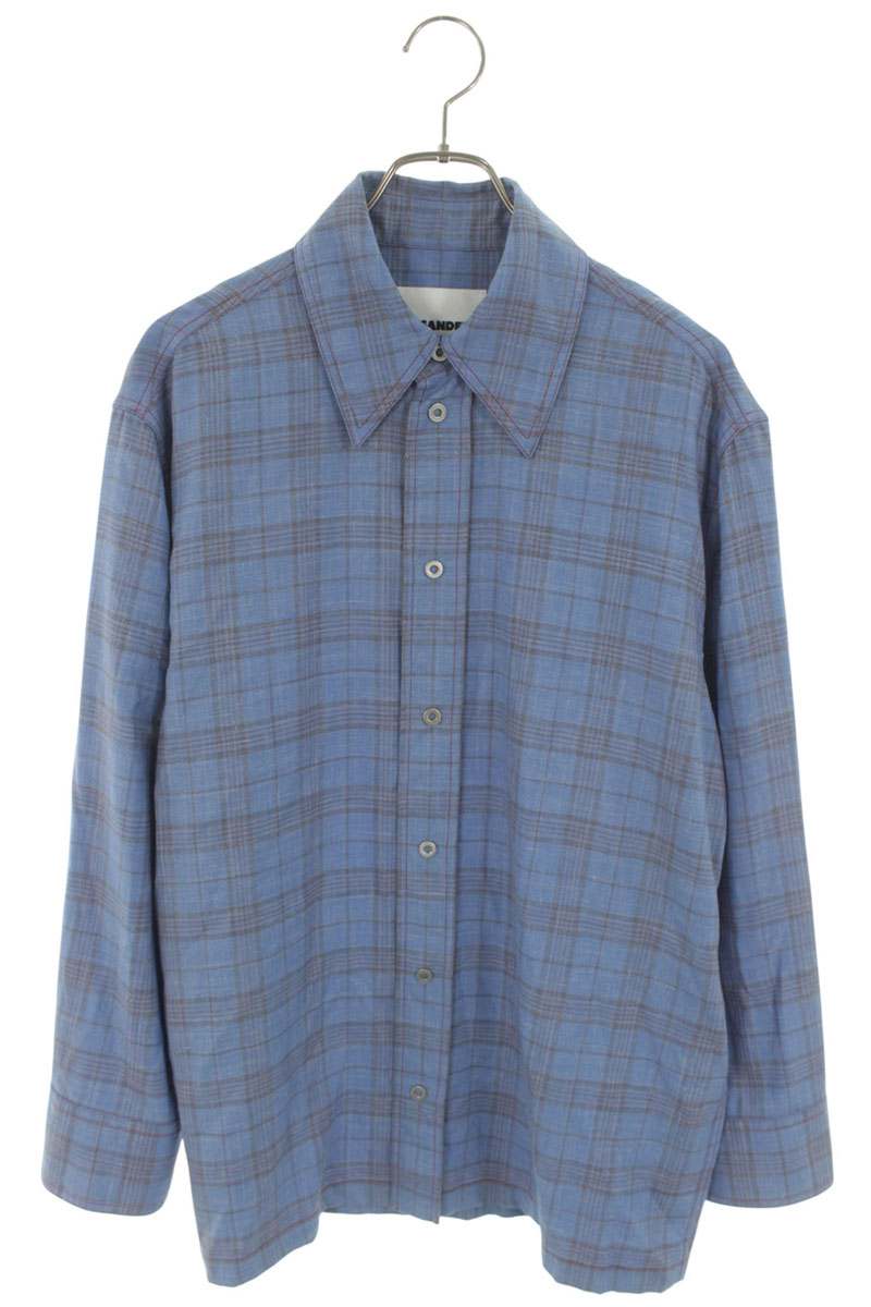 JILSANDER Blue Check Wool Linen Shirt Size 48
