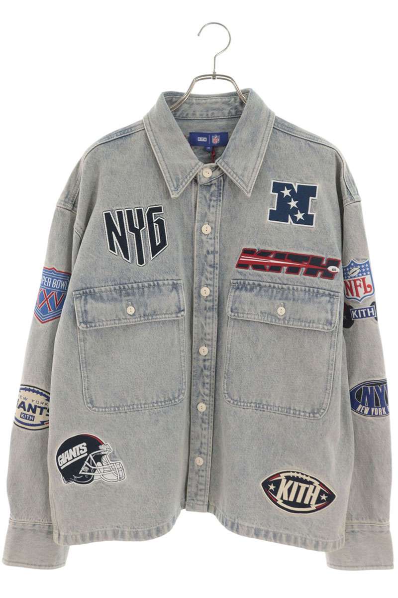 KITH NFL Logo Patch Denim Long Sleeve Shirt Blue Size M