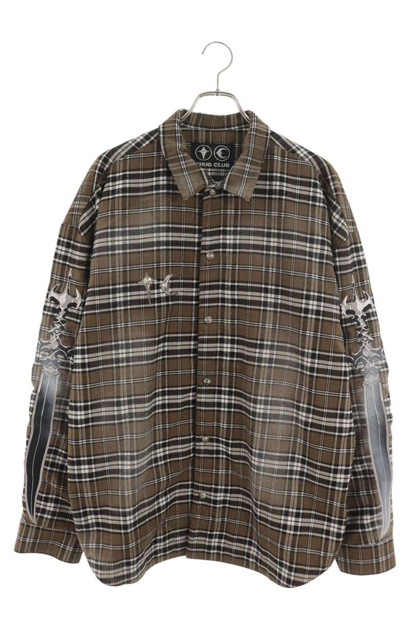 THUG CLUB Sword Embroidered Flannel Check Long Sleeve Shirt Size L