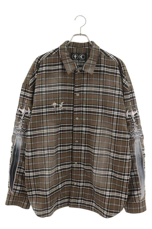 THUG CLUB Sword Embroidered Flannel Check Long Sleeve Shirt Size L
