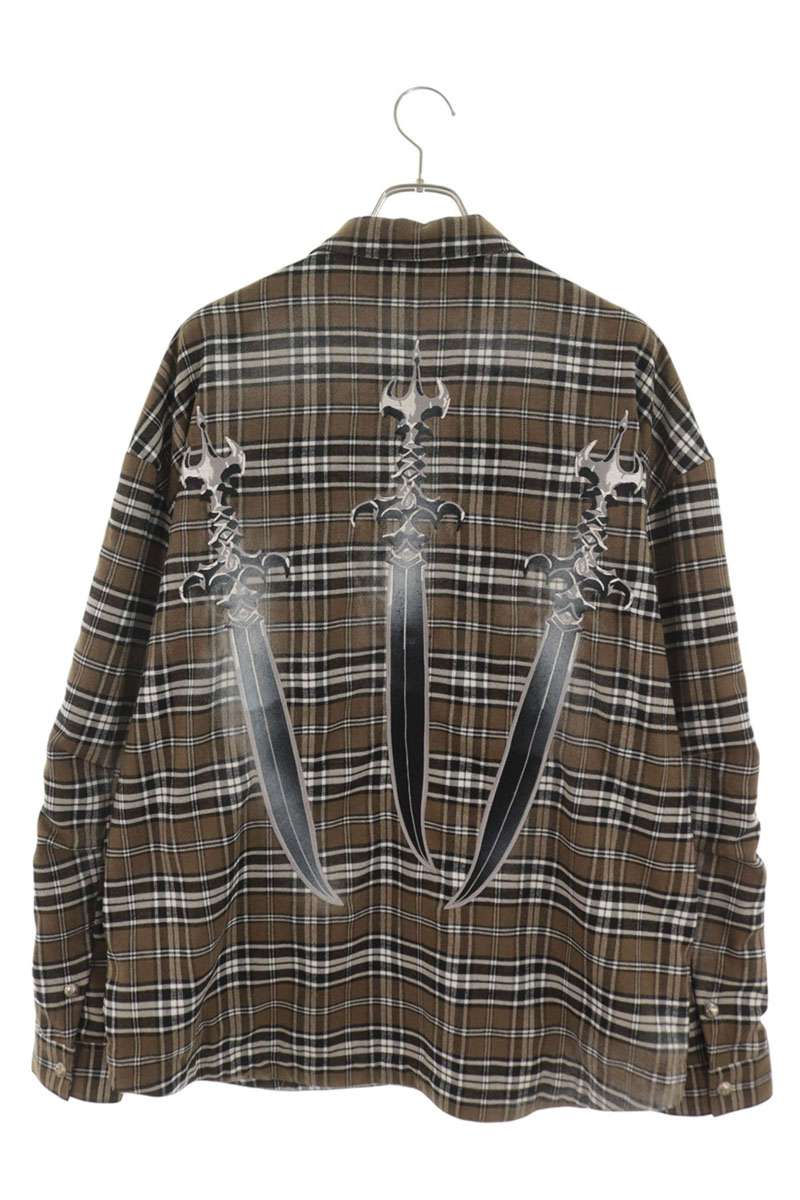 THUG CLUB Sword Embroidered Flannel Check Long Sleeve Shirt Size L
