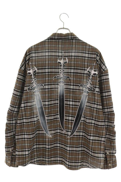 THUG CLUB Sword Embroidered Flannel Check Long Sleeve Shirt Size L