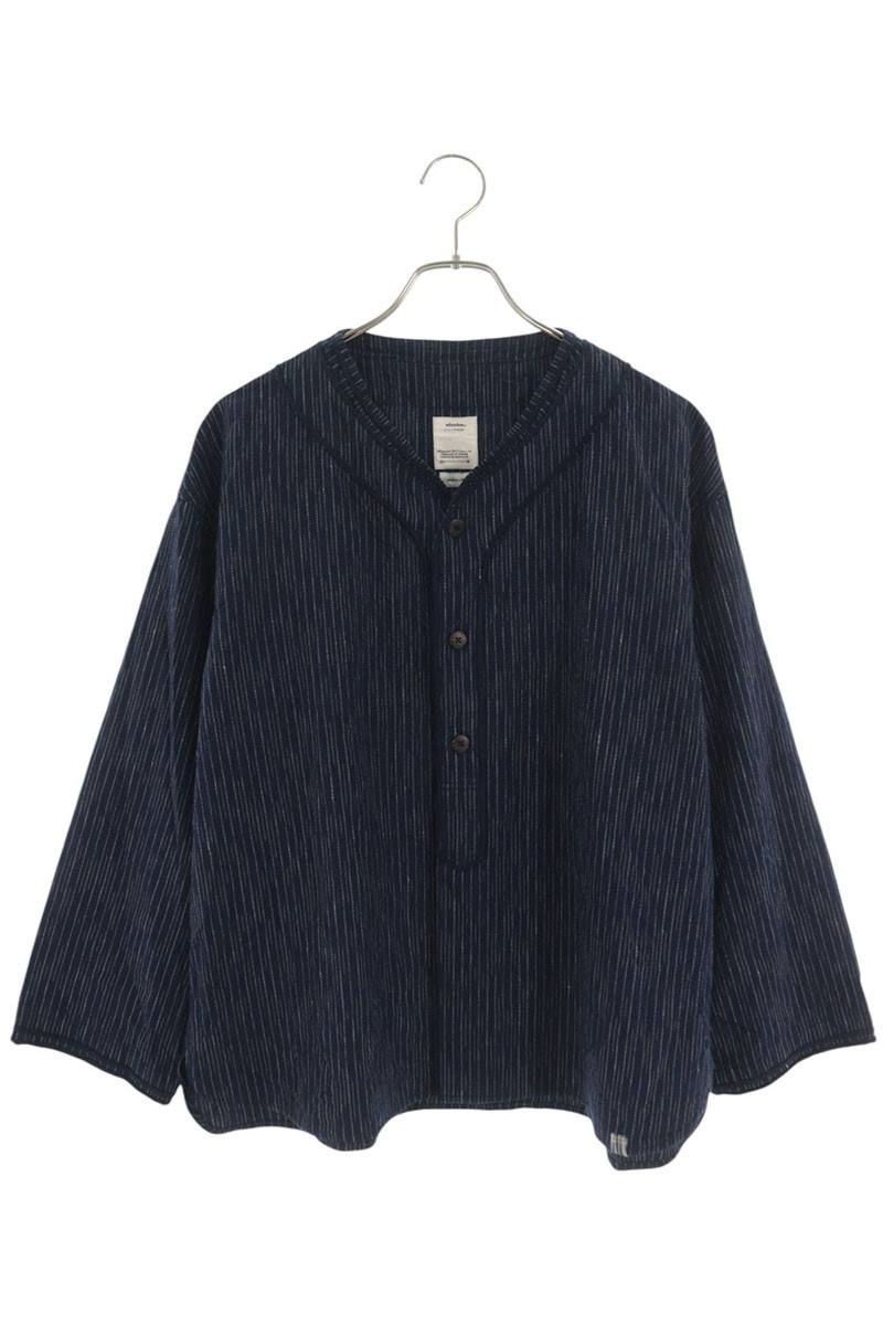 VISVIM Striped Wool Linen Baseball Shirt Navy Size M