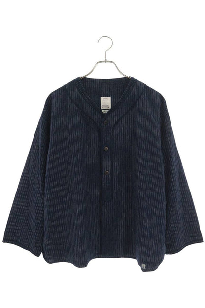 VISVIM Striped Wool Linen Baseball Shirt Navy Size M