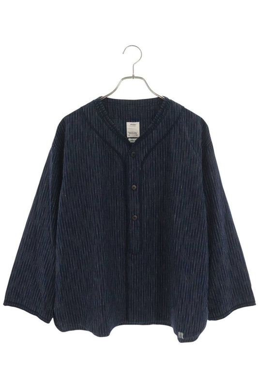 VISVIM Striped Wool Linen Baseball Shirt Navy Size M