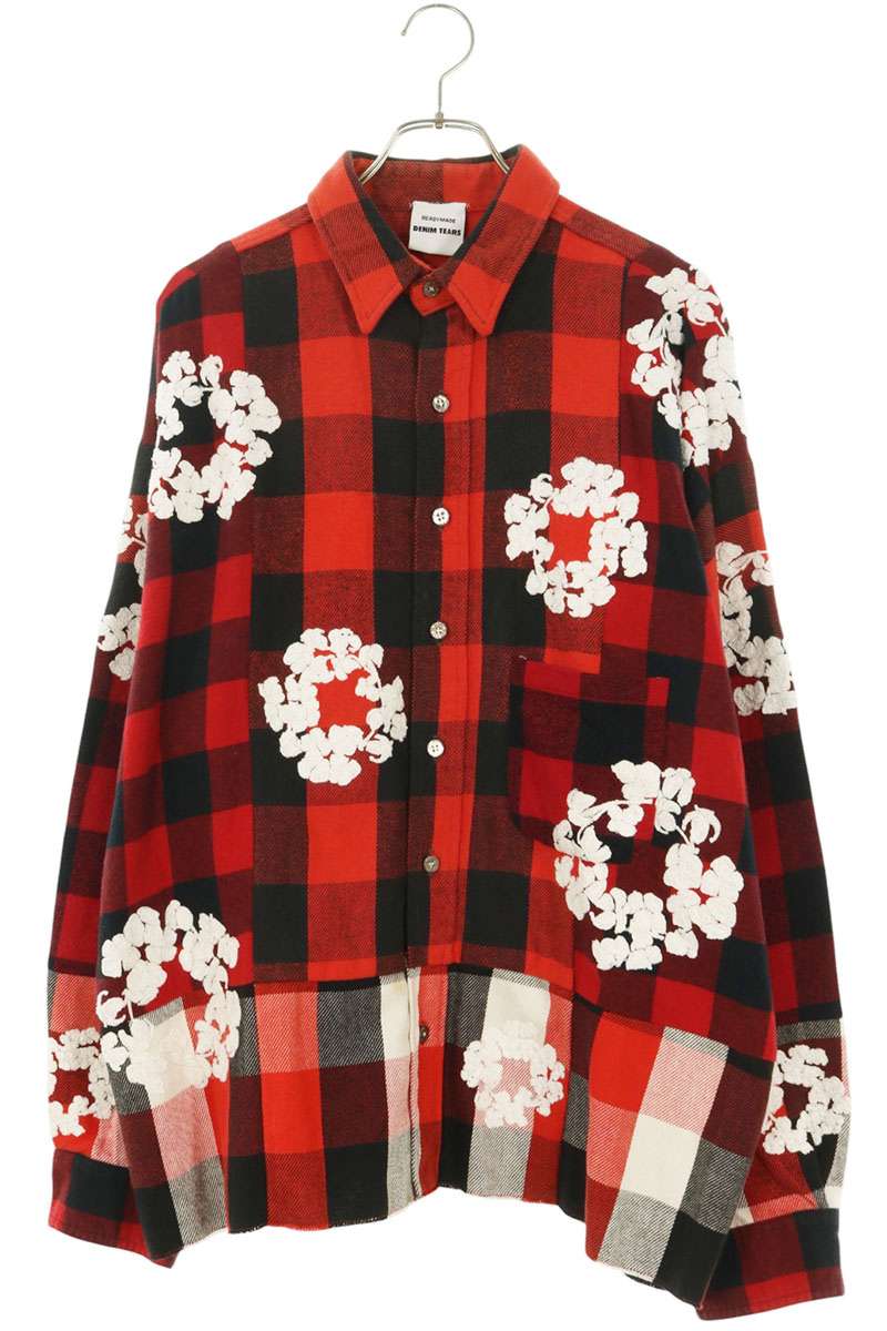 READYMADE Embroidered Check Long Sleeve Shirt Red Size M