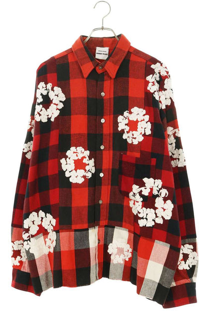 READYMADE Embroidered Check Long Sleeve Shirt Red Size M