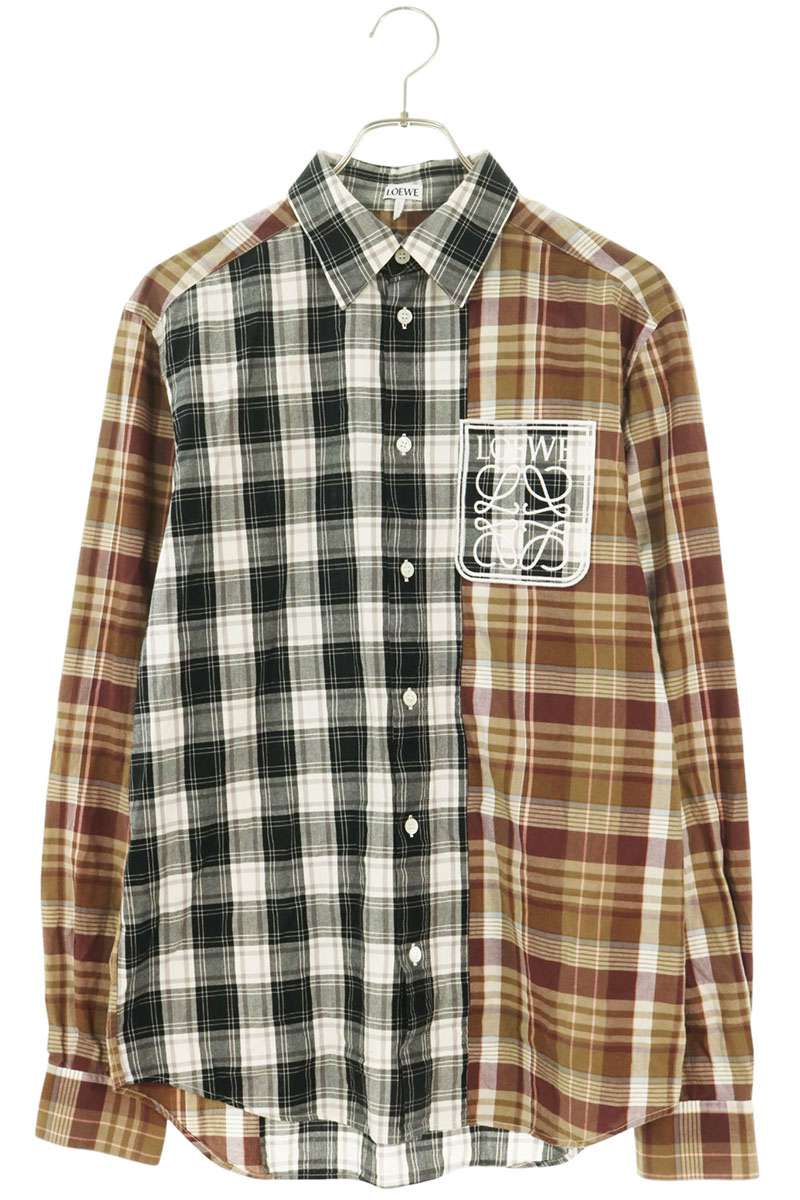 LOEWE Anagram Check Panel Cotton Long Sleeve Shirt Multi Size 37