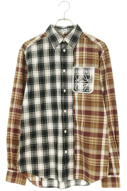 LOEWE Anagram Check Panel Cotton Long Sleeve Shirt Multi Size 37
