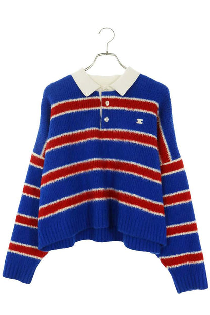 CELINE Striped Cotton Blend Long Sleeve Polo Size M