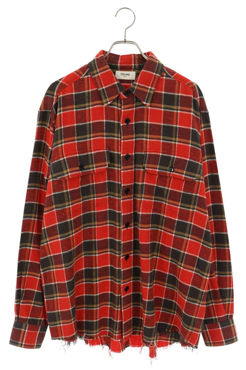CELINE Cut-Off Loose Fit Flannel Check Long Sleeve Shirt Red Size XXL