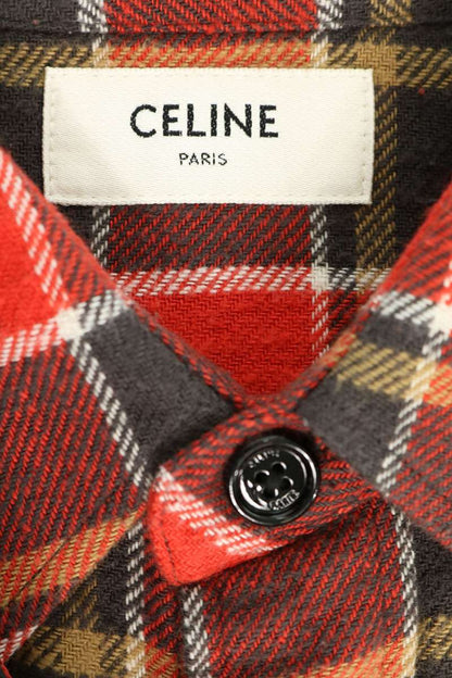 CELINE Cut-Off Loose Fit Flannel Check Long Sleeve Shirt Red Size XXL