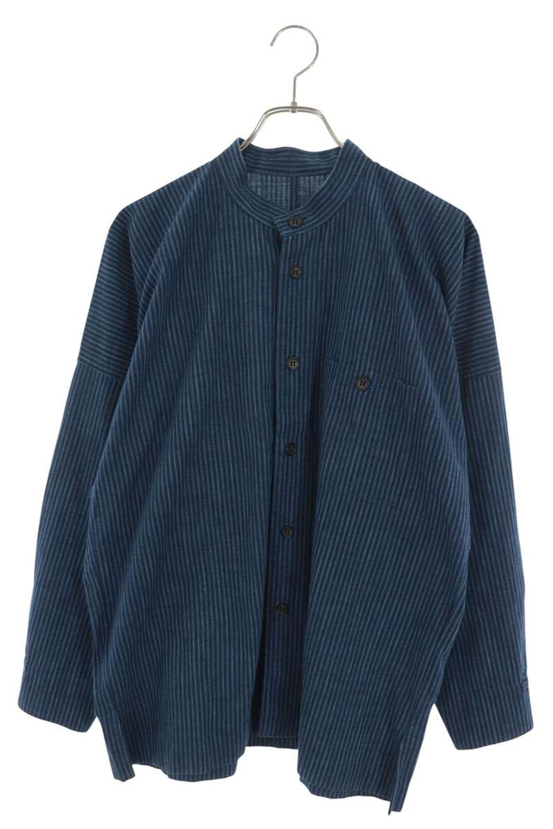 ISSEY MIYAKE MEN Cotton Stripe Band Collar Shirt Navy Size 1