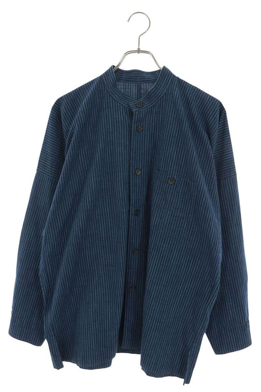 ISSEY MIYAKE MEN Cotton Stripe Band Collar Shirt Navy Size 1