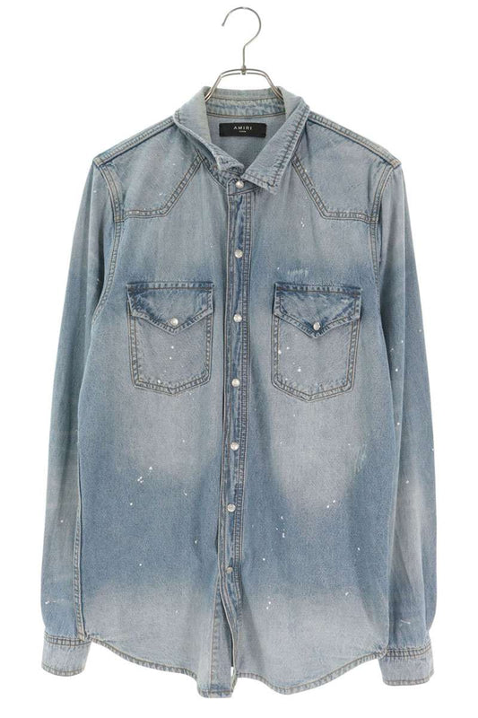 AMIRI Light Blue Paint Distressed Cotton Shirt Size M