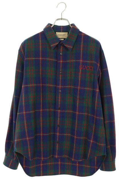GUCCI Wool Blend Check Shirt Green Size 48