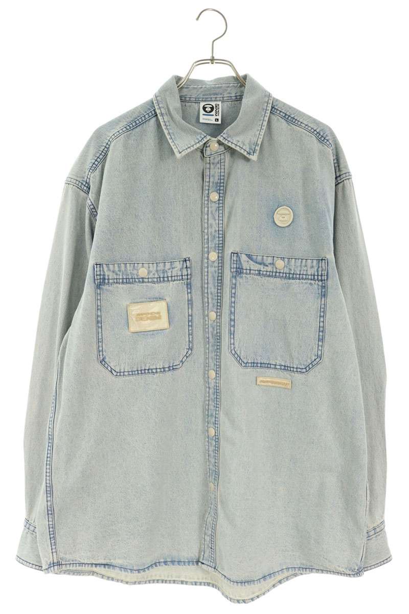 A BATHING APE Logo Patch Cotton Long Shirt Indigo Size L