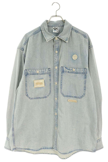 A BATHING APE Logo Patch Cotton Long Shirt Indigo Size L