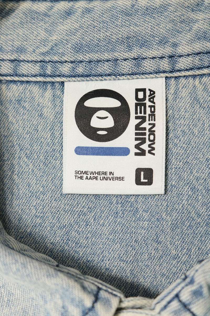 A BATHING APE Logo Patch Cotton Long Shirt Indigo Size L