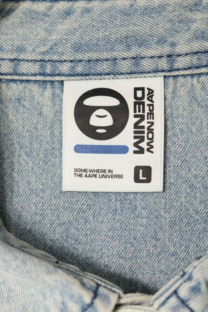 A BATHING APE Logo Patch Cotton Long Shirt Indigo Size L