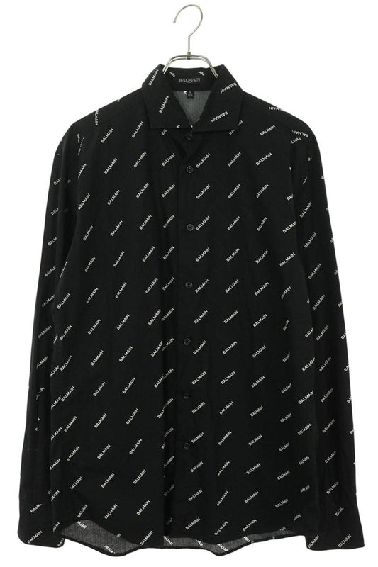 BALMAIN All Over Logo Long Sleeve Shirt Black/White Size M