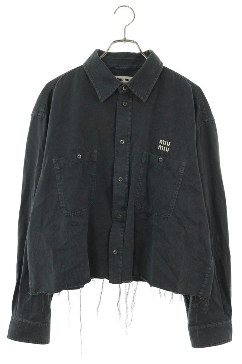 miumiu Cropped Cut-Off Logo Embroidered Shirt Gray Size 44
