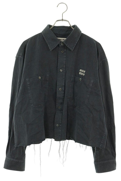 miumiu Cropped Cut-Off Logo Embroidered Shirt Gray Size 44