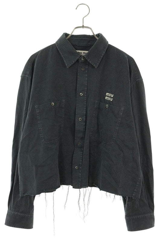 miumiu Cropped Cut-Off Logo Embroidered Shirt Gray Size 44