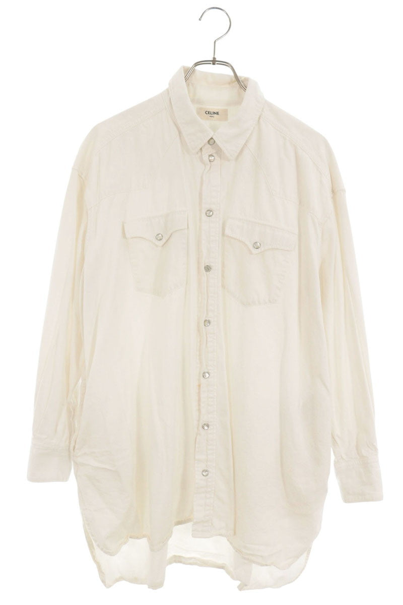 CELINE Western Cotton Long Sleeve Shirt White Size XS