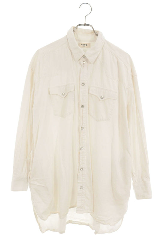 CELINE Western Cotton Long Sleeve Shirt White Size XS