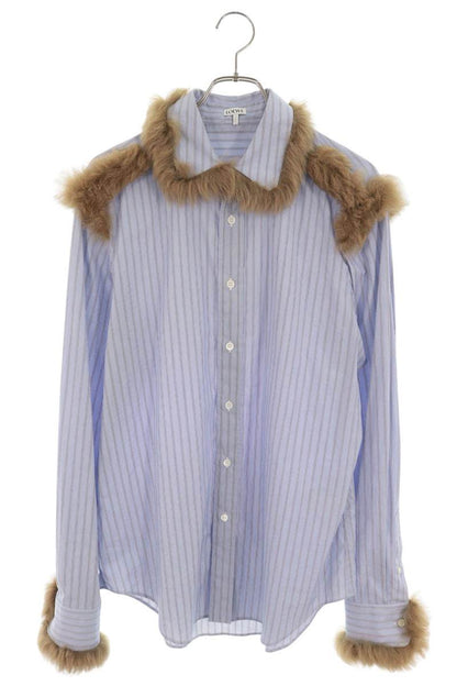 LOEWE Real Fur Detail Long Sleeve Shirt Blue Brown Size 39