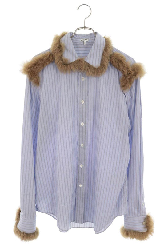 LOEWE Real Fur Detail Long Sleeve Shirt Blue Brown Size 39