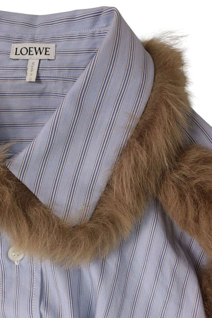 LOEWE Real Fur Detail Long Sleeve Shirt Blue Brown Size 39