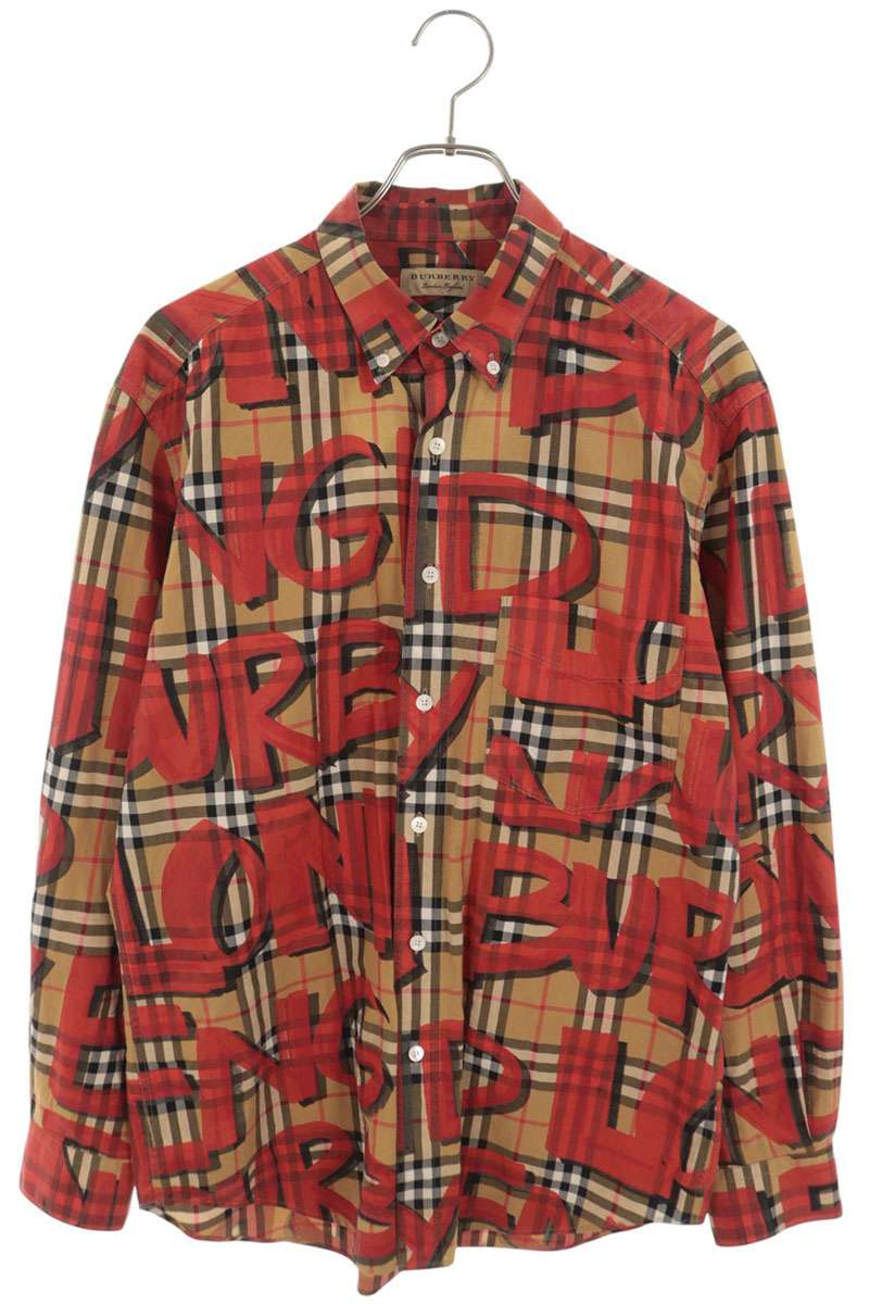 Burberry Graffiti Print Nova Check Long Sleeve Beige Red Shirt Size M
