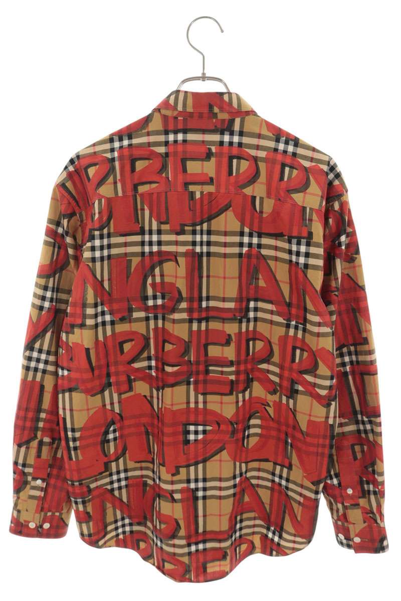 Burberry Graffiti Print Nova Check Long Sleeve Beige Red Shirt Size M
