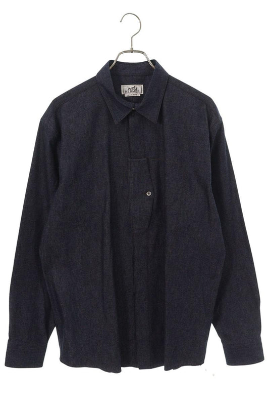 HERMES Indigo Cotton Pocket Long Sleeve Shirt Size 41