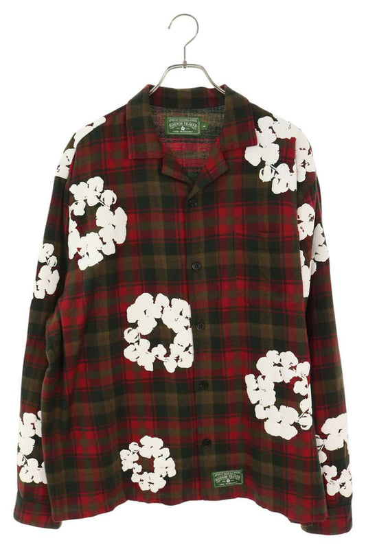 DENIM TEARS Flower Print Check Long Sleeve Shirt Size L