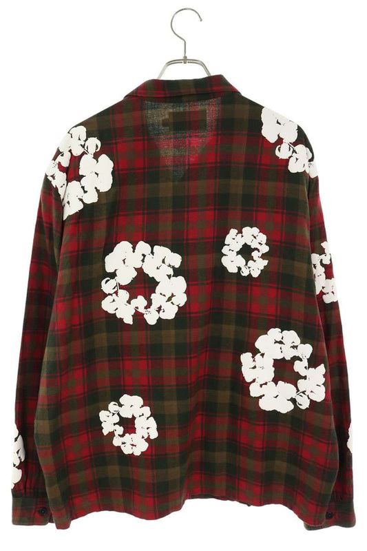 DENIM TEARS Flower Print Check Long Sleeve Shirt Size L