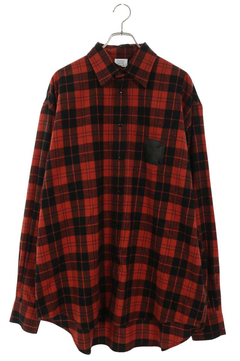 VETEMENTS 26SS Leather Cross Patch Flannel Shirt Red Size S