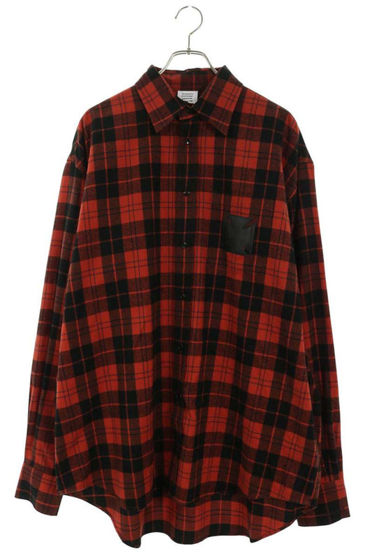 VETEMENTS 26SS Leather Cross Patch Flannel Shirt Red Size S