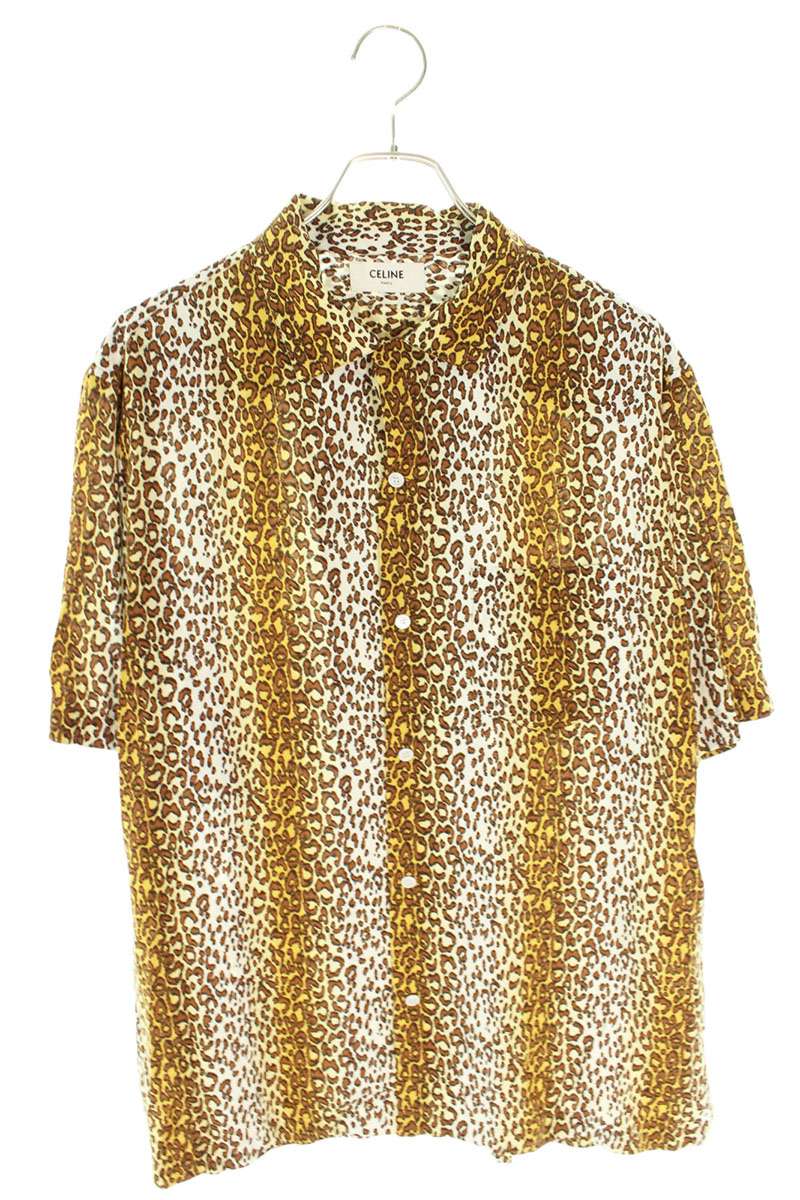 CELINE Leopard Print Rayon Short Sleeve Shirt Brown Size XXL